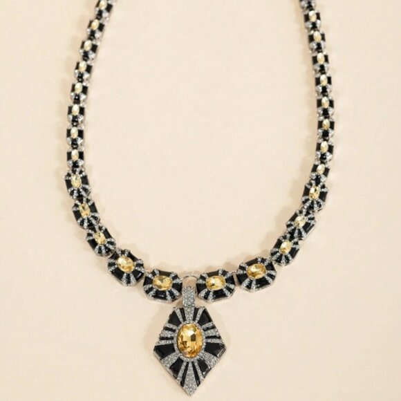 BLACK YELLOW SILVER VINTAGE STYLE RHINESTONE STATEMENT NECKLACE
